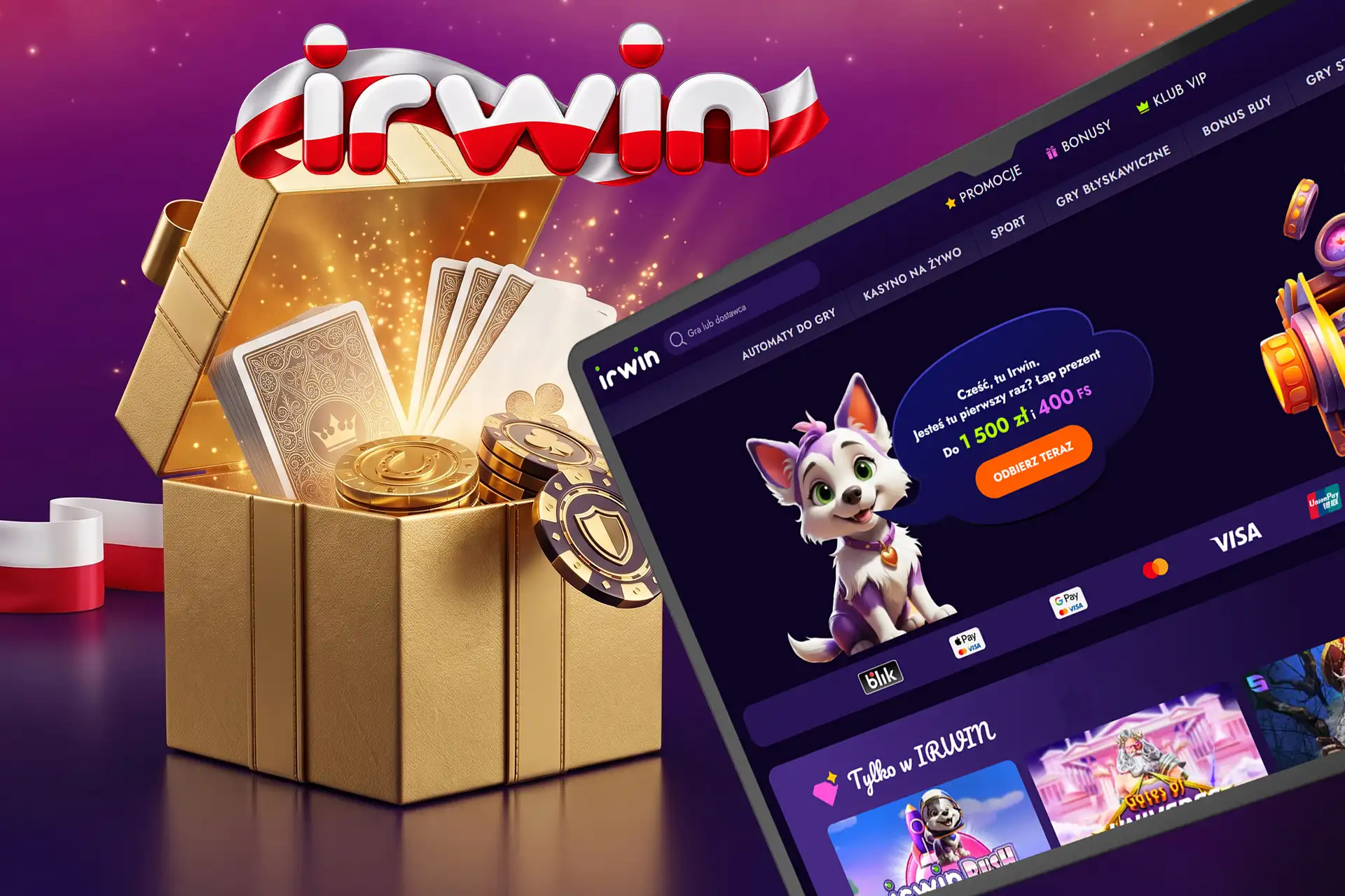 Strona główna Irwin Casino na ekranie laptopa obok złotej skrzyni ze złotymi monetami, kartami i żetonami